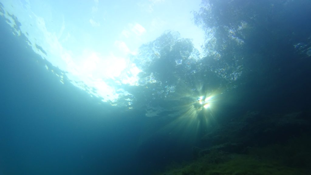 Ufer mit Sonne unter Wasser